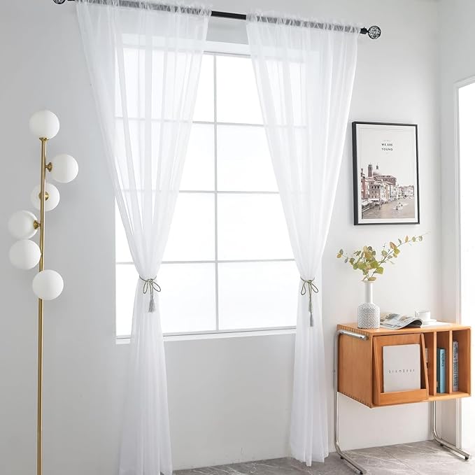 SpaceDresser Sheer White Curtains 4 Panels Rod Pocket Semi-Sheer Curtain 90 Inches Long Light Filtering Voile Window Drapes for Bedroom Living Room Kitchen, Each 52W x 90L