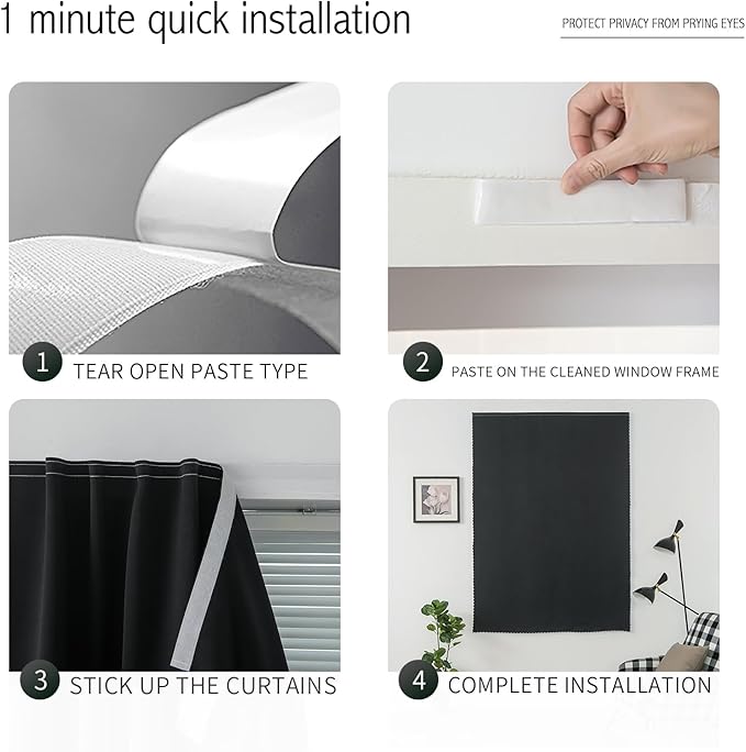 Adhesive Blackout Curtains- Self Stick Shades Window Blinds Curtains No Rod Needed Easy to Hang Curtains, Use for Bedroom, Living Room, Dining Room, Kitchen, Home Office, 59"W X 71"L, Black, 1 Panel