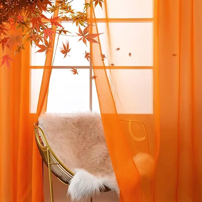 SpaceDresser Basic Rod Pocket Sheer Voile Window Curtain Panels Orange 2 Panels 52 Width 84 Inch Long for Kitchen Bedroom Children Living Room Yard(Orange,52 W x 84 L)