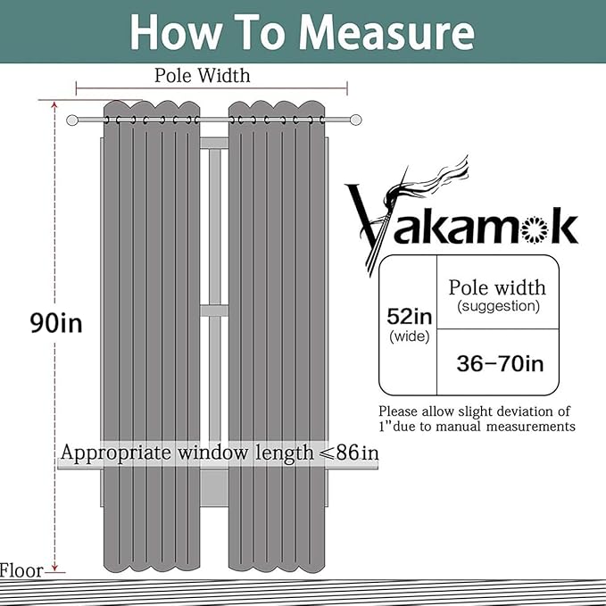 Yakamok Blackout Curtains Room Darkening Thermal Insulated Window Panels,Solid Grommet Top Drapes for Bedroom/Living Room(52Wx90L, Light Grey, 2 Panels)