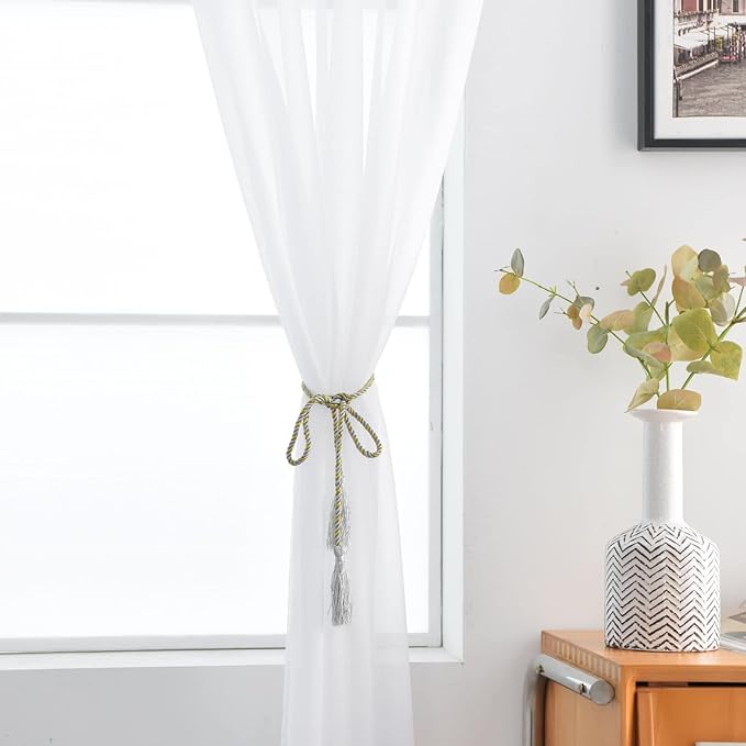 SpaceDresser Basic Rod Pocket Sheer Voile Window Curtain Panels White 1 Pair 2 Panels 38 Width 63 Inch Long for Kitchen Bedroom Children Living Room Yard(White,38 W x 63 L)