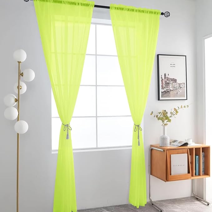 SpaceDresser Basic Rod Pocket Sheer Voile Window Curtain Panels Chartreuse 1 Pair 2 Panels 52 Width 54 Inch Long for Kitchen Bedroom Children Living Room Yard（Chartreuse, 52W x 54L）