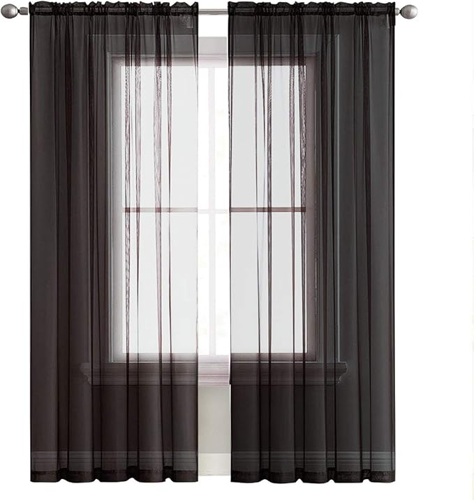 SpaceDresser Sheer Voile Window Treatment Rod Pocket Curtain Panels for Kitchen Bedroom Living Room Drapes Sunlight Filtering Privacy Semi Home Decor Assorted (Black, 52 W x 90 L)