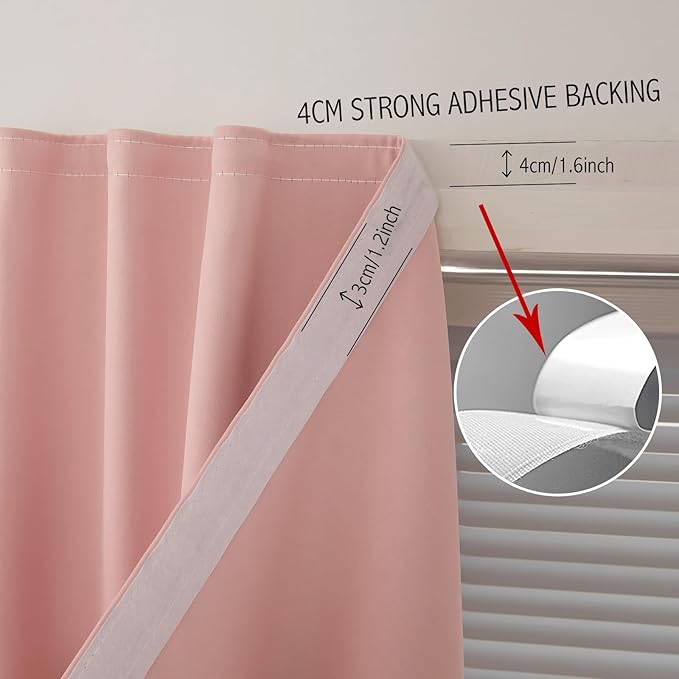 Self Adhesive Blackout Curtains- Stick on Curtains Shades Window Blinds Curtains No Rod Needed Easy to Hang Curtain, Use for Bedroom, Living Room,Roman Shades, 35" W X 71" L, Pink, 1 Panel