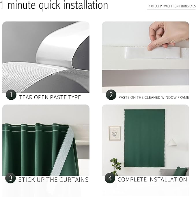 Blackout Curtains for Bedroom Sticky Curtain Blackout Window Cover Self Adhesive Curtains Rod No Drillng, 47" W X 84" L, Dark Green, 1 Panel