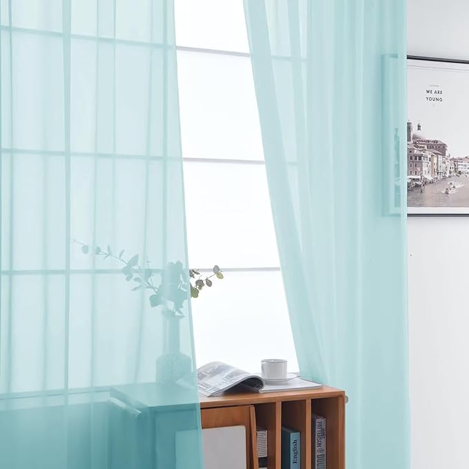 SpaceDresser Basic Rod Pocket Sheer Voile Window Curtain Panels Sky Blue 1 Pair 2 Panels 52 Width 90 Inch Long for Kitchen Bedroom Children Living Room Yard（Sky Blue, 52W x 90L）