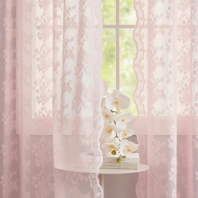 YJ YANJUN Vintage Lace Curtains Elegant Floral Pink Sheer French Door Curtains Set of 2 Shabby Chic Voile Door Drapes for Door Window Living Room Girls Room 52" W x 72" L 2 Panels