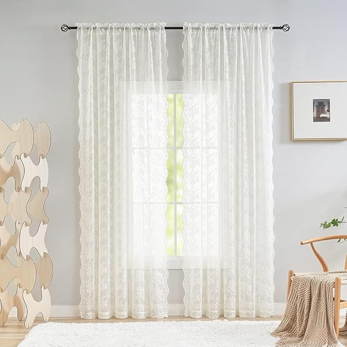 YJ YANJUN Vintage Lace Curtains Ivory Floral 105 inch Curtains 2 Panels for Living Room Rod Pocket Floor to Ceiling Drapes for Patio Sliding Glass Door Custom Scalloped Edges 52" W x 105" L Cream
