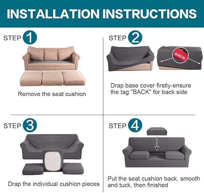 Turquoize 4 Piece Sofa Covers for 3 Cushion Couch Sofa Slipcover Soft Couch Cover for Dogs-Washable Sofa Furniture Covers with 3 Individual Large Cushion Covers, Feature Thick Fabric (XL Sofa, Gray)