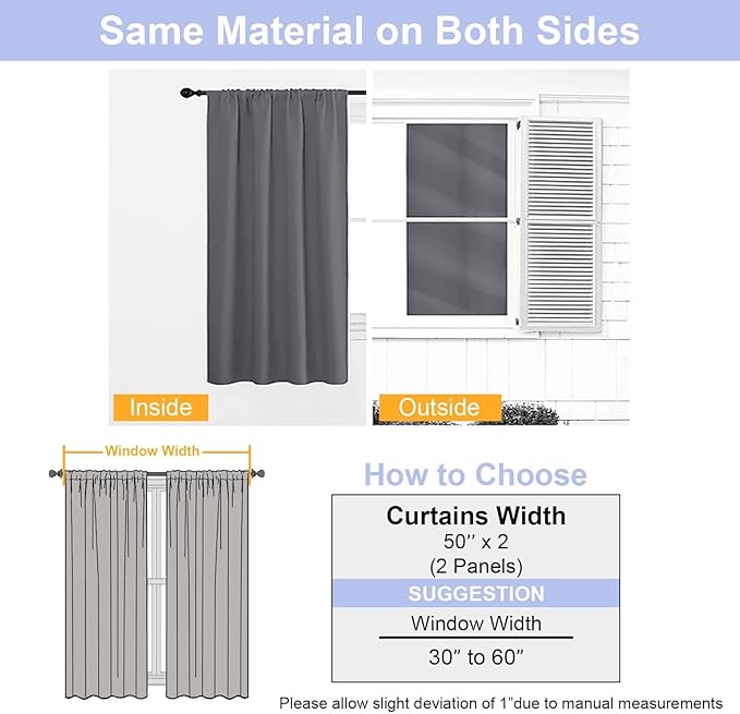 Simplebrand Ava Grey Blackout Curtains for Bedroom 63 Inch Length 2 Panels Set, Solid Thermal Insulated Privacy Living Room Window Treatment Curtains Blackout Drapes, W50 x L63 Inch