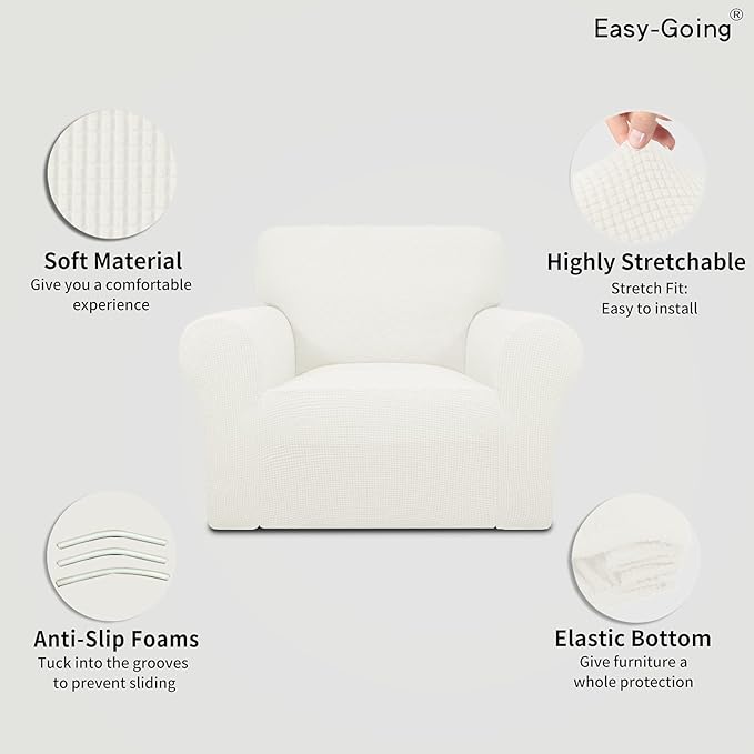 Easy-Going Stretch Chair Sofa Slipcover 1-Piece Couch Sofa Cover Furniture Protector Soft with Elastic Bottom for Kids, Pet. Spandex Jacquard Fabric Small Checks (Chair, Cream)
