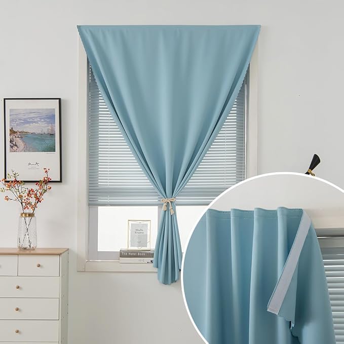 Self Adhesive Curtains, Black Out Shade for Window, Blackout Fabric Temporary Window Coverings Easy to Hang Curtains No Rod Needed, Use for Bedroom, Room, Kitchen, 59"W X 84"L, Lake Blue, 1 Panel