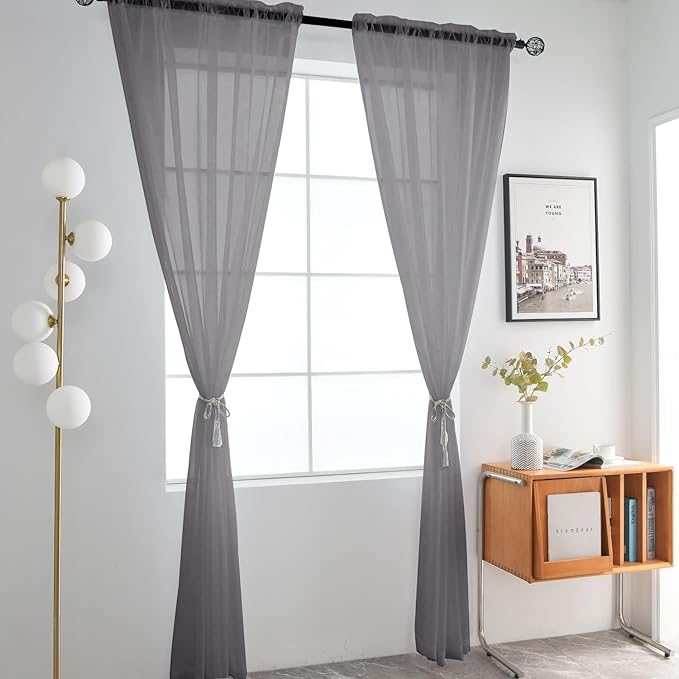 SpaceDresser Grey Sheer Curtains 4 Panels Rod Pocket Semi-Sheer Curtain 54 Inches Long Light Filtering Voile Window Drapes for Bedroom Living Room Kitchen, Each 52W x54L