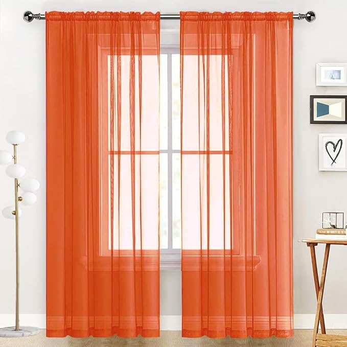 SpaceDresser Sheer Voile Window Treatment Rod Pocket Curtain Panels for Kitchen Bedroom Living Room Drapes Sunlight Filtering Privacy Semi Home Decor Assorted (Burnt Orange, 52 W x 54 L)