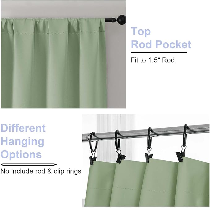Simplebrand Ava Light Green Blackout Curtains for Bedroom 96 Inches Long 2 Panels, Solid Thermal Insulated, Energy Saving Nursery Window Treatment Curtains Blackout Drapes, W50 x L96 Inch, Light Green