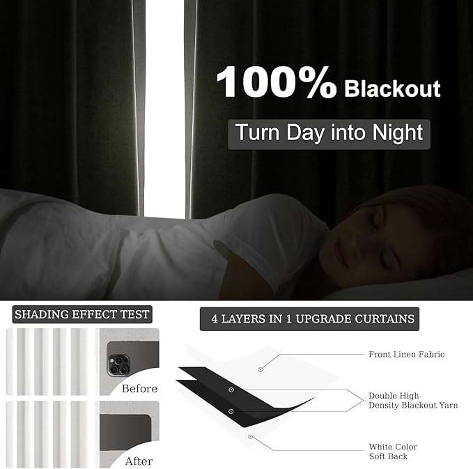 102 inch blackout curtains for Sliding door 2 Panels 100% Blackout Linen texture Beige White Window Drapes with Back Tab Rod Pocket Light Blocking Thermal Insulated Curtains for Bedroom Living Room