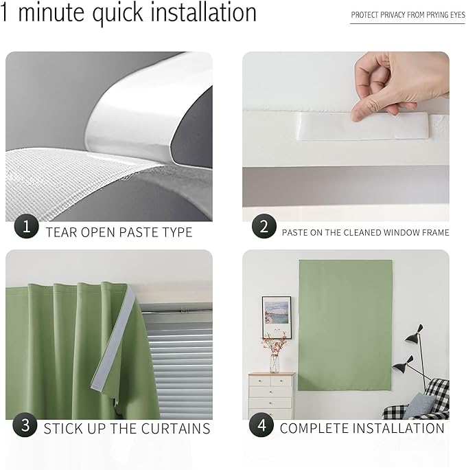 Magic Tape Blackout Curtains for Bedroom No Drillng Self Adhesive Curtains No Rod Small Window, 35" W X 79" L, Sage Green, 1 Panel