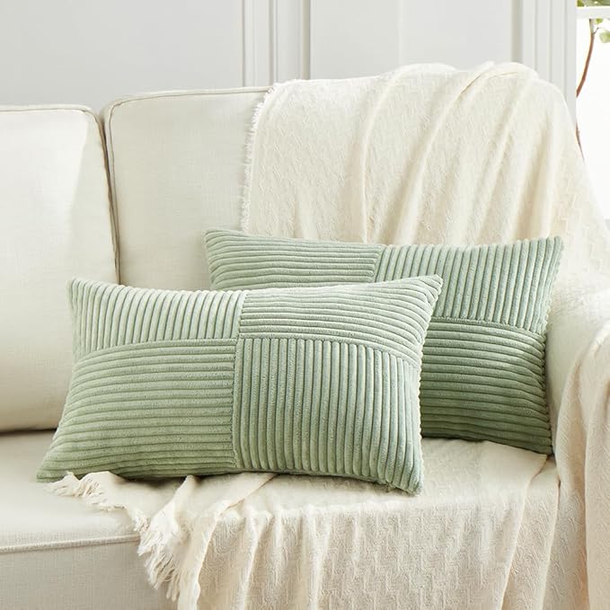Fancy Homi 2 Packs Sage Green Lumbar Decorative Throw Pillow Covers 14x24 Inch for Couch Bed, Rustic Farmhouse Boho Home Decor, Soft Striped Corduroy Rectangle Accent Cushion Case 35x60 cm