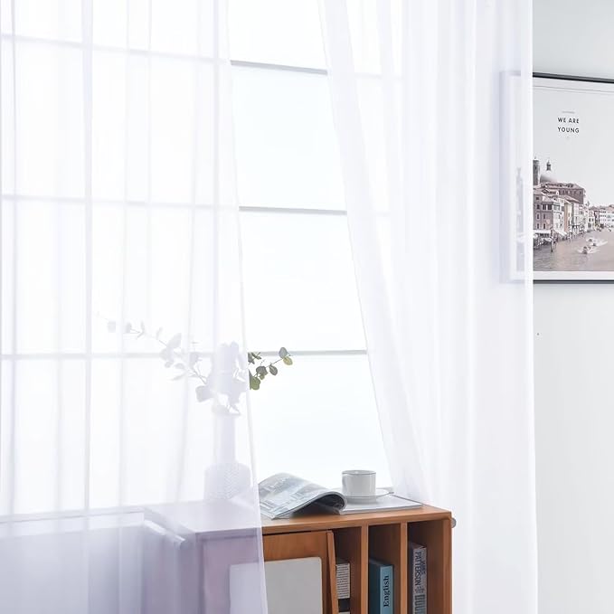 SpaceDresser Optical White Sheer Curtains 4 Panels Rod Pocket Semi-Sheer Curtain 54 Inches Long Light Filtering Voile Window Drapes for Bedroom Living Room Kitchen, Each 52W x54L