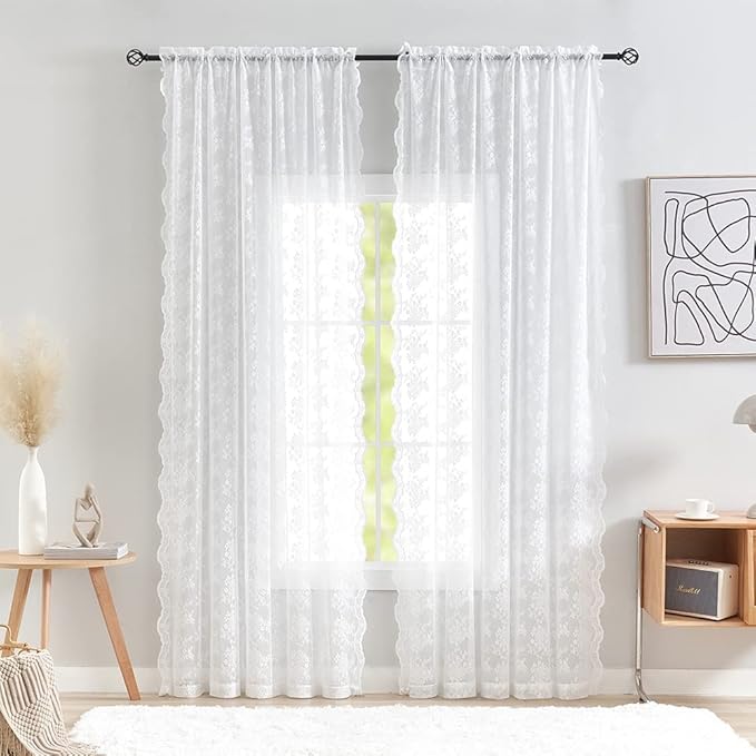 YJ YANJUN Vintage Lace Curtains White Sheer Curtains 96 inches Long 2 Panels Old Fashion Floral Victorian Voile Panels for Living Room Bedroom Rod Pocket Light Filtering 52Wx 96L