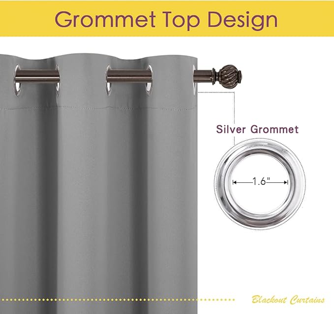 NICETOWN Silver Grey Bedroom Curtains 60 inch Length 2 Panels Set, 34" Wide, Solid Thermal Insulated Grommet Light Blocking Blackout Curtains & Drapes for Living Room