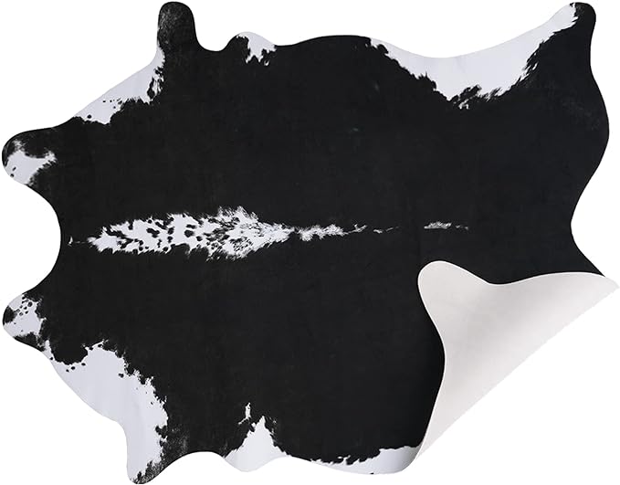 AROGAN Premium Faux Cowhide Rug 158 x 140 cm/5.2 x 4.6 feet, Durable and Large Size Cow Print Rugs, Suitable for Bedroom Living Room Western Decor, Faux Fur Animal Cow Hide Carpet, Black