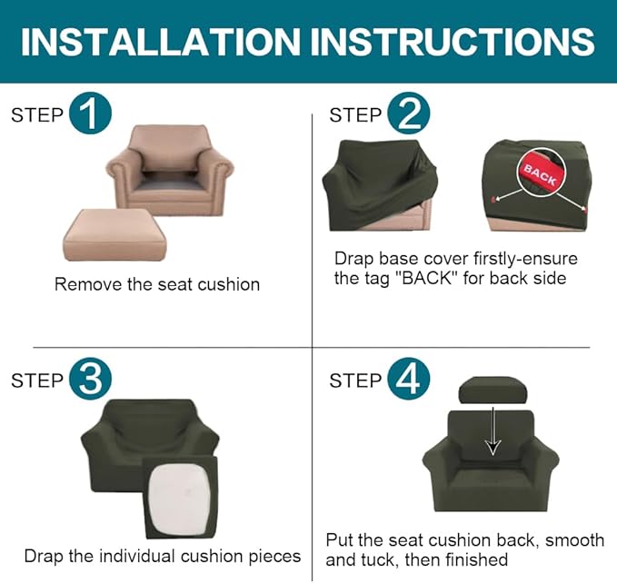 Turquoize 2 Piece Chair Covers Armchair Slipcovers for Living Room Armchair Sofa Cover with Individual Cushion Covers Feature Jacquard Fabric (Chair, Olive)