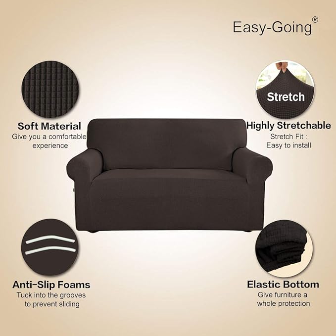 Easy-Going Stretch Sofa Slipcover 1-Piece Sofa Cover Furniture Protector Couch Soft with Elastic Bottom for Kids, Polyester Spandex Jacquard Fabric Small Checks (Sofa, Chocolate)