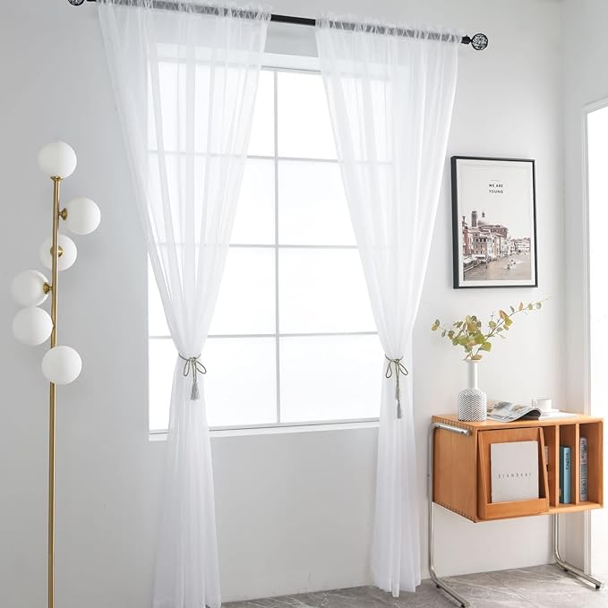 SpaceDresser Basic Rod Pocket Sheer Voile Window Curtain Panels White 1 Pair 2 Panels 38 Width 54 Inch Long for Kitchen Bedroom Children Living Room Yard(White,38 W x 54 L)