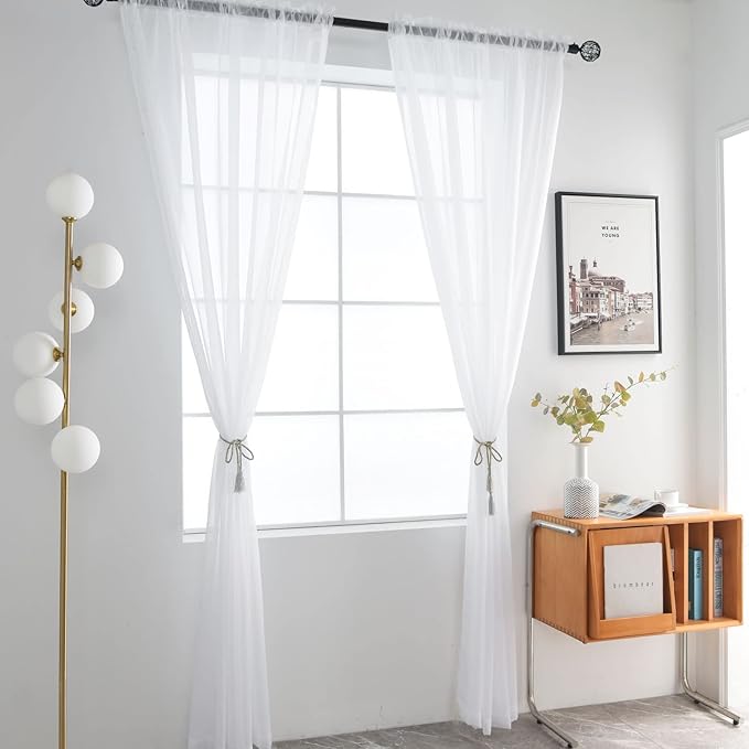 SpaceDresser Basic Rod Pocket Sheer Voile Window Curtain Panels White 1 Pair 2 Panels 38 Width 84 Inch Long for Kitchen Bedroom Children Living Room Yard(White,38 W x 84 L)