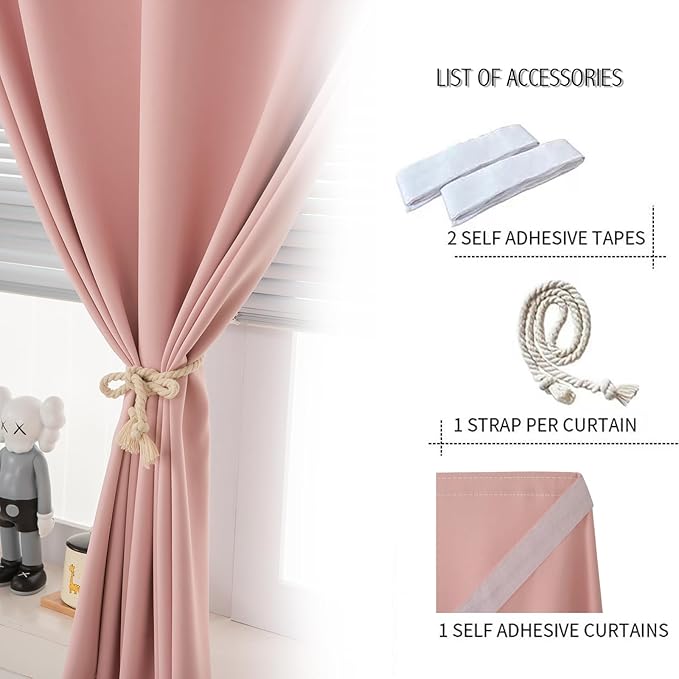 Self Adhesive Blackout Curtains- Stick on Curtains Shades Window Blinds Curtains No Rod Needed Easy to Hang Curtain, Use for Bedroom, Living Room,Roman Shades, 35" W X 79" L, Pink, 1 Panel