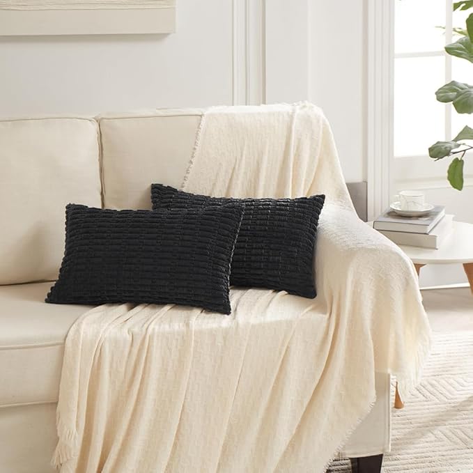 Fancy Homi 4 Packs Boho Black Decorative Throw Pillow Covers 12x24 Inch for Living Room Couch Bed Sofa, Rustic Modern Farmhouse Home Decor, Soft Plush Corduroy Cute Square Cushion Case 30x60 cm