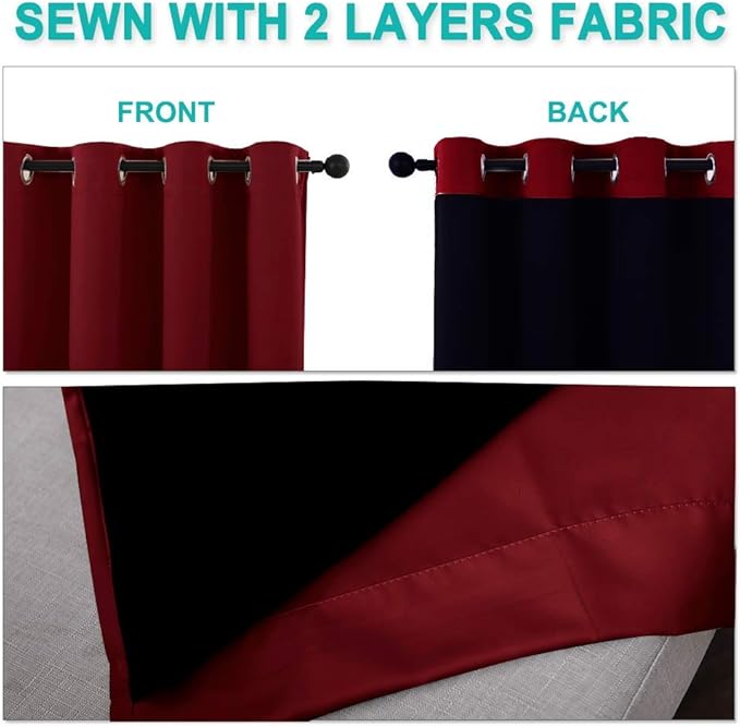 NICETOWN 100% Blackout Curtains with Black Liner Backing, Thermal Insulated Curtains for Living Room, Noise Reducing Drapes for Christmas, Burgundy Red, 37" x 70" Per Panel, Set of 2