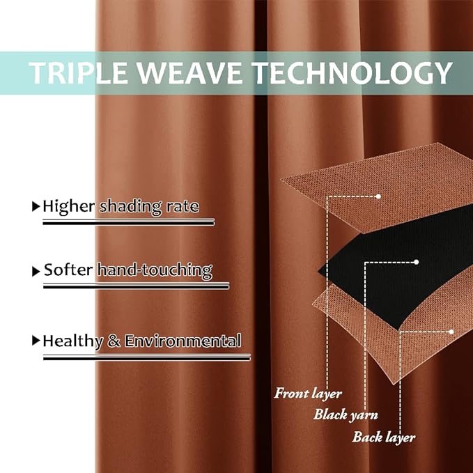 NICETOWN 100% Blackout Short Curtains with Black Liners, 2 Panels, 37" W by 50" L, Burnt Orange, Solid Thermal Insulated Full Blackout 2-Layer Lined Drapes, Energy Efficiency Window Drapes for Bedroom