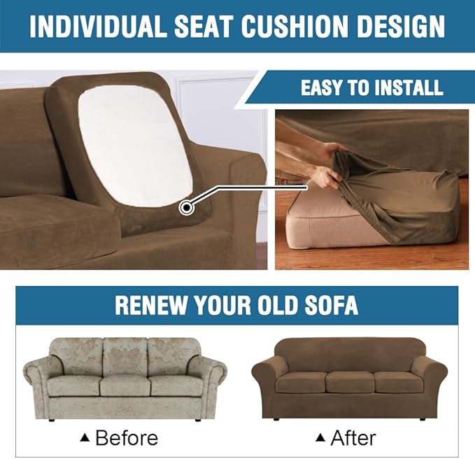 H.VERSAILTEX Real Velvet Plush 3 Piece Stretch Sofa Covers Couch Covers for 2 Cushion Couch Sofa Slipcovers Width Up to 90 Inch Feature Thick Soft Stay in Place (Sofa, Bronze Brown)