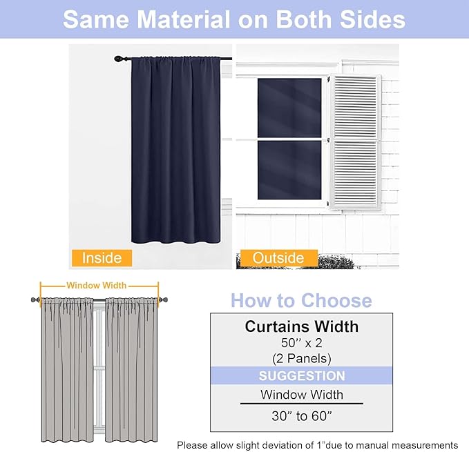 Simplebrand Ava Navy Blue Blackout Curtains for Patio 108 Inches Long 2 Panels Set, Solid Thermal Insulated Room Darkening Rod Pocket Window Treatment Curtains Blackout Drapes, W50 x L108