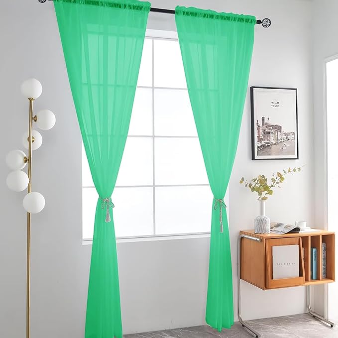 SpaceDresser Basic Rod Pocket Sheer Voile Window Curtain Panels Grass Green 1 Pair 2 Panels 52 Width 45 Inch Long for Kitchen Bedroom Children Living Room Yard（Grass Green, 52W x 45L）