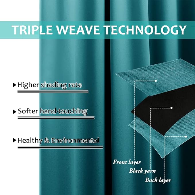 NICETOWN Full Shade Curtain Panels, 37" Wide x 70" Long, Peacock Teal, Pair of Thermal Insulated & Energy Efficiency Blackout Drapes for Living Room, Lined Silky Performance Window Dressing