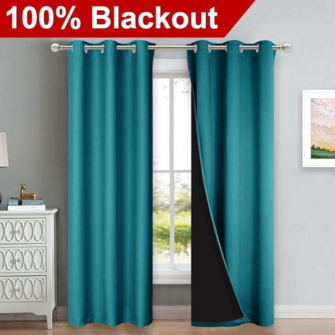NICETOWN Peacock Teal Blackout Curtains 84 inches Long, Full Light Blocking Drapes with Black Liner for Nursery, Thermal Insulated Draperies for Hall, Villa (2 Pieces, 42" Wide Each Panel)