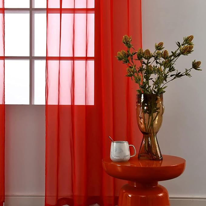 SpaceDresser Sheer Red Curtains 4 Panels Rod Pocket Semi-Sheer Curtain 108 Inches Long Light Filtering Voile Window Drapes for Bedroom Living Room Kitchen, Each 52W x 108L