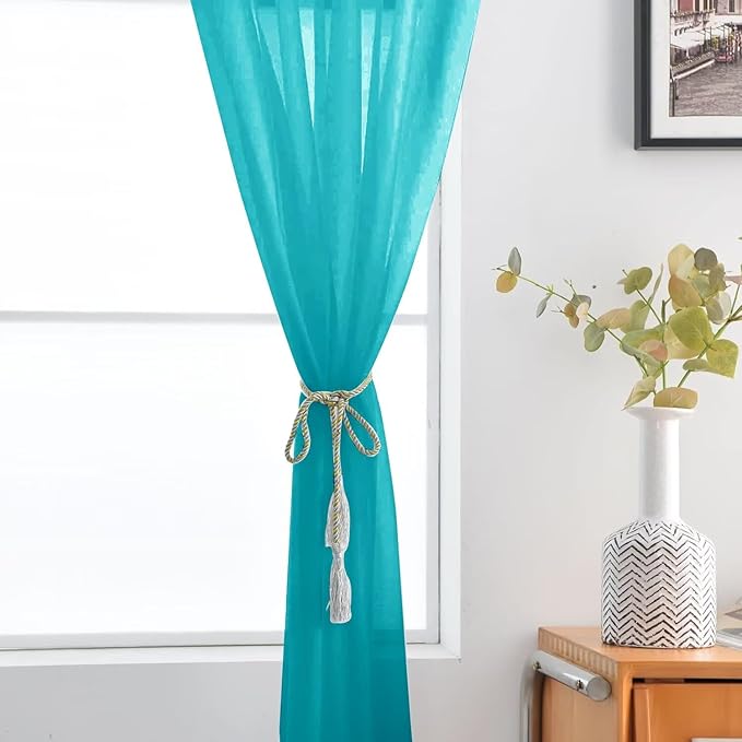 SpaceDresser Sheer Voile Window Treatment Rod Pocket Curtain Panels for Kitchen Bedroom Living Room Drapes Sunlight Filtering Privacy Semi Home Decor Assorted (Peacock Blue, 52 W x 54 L)
