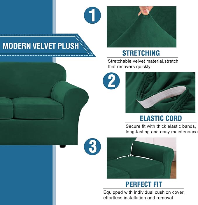 H.VERSAILTEX Real Velvet Plush 3 Piece Stretch Sofa Covers Couch Covers for 2 Cushion Couch Loveseat Covers Width Up to 72 Inch Feature Thick Soft Stay in Place (Medium Sofa, Vintage Green)