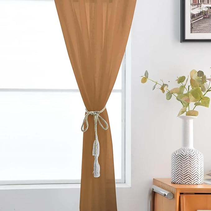 SpaceDresser Basic Rod Pocket Sheer Voile Window Curtain Panels Light Brown 1 Pair 2 Panels 52 Width 63 Inch Long for Kitchen Bedroom Children Living Room Yard（Light Brown, 52W x 63L）