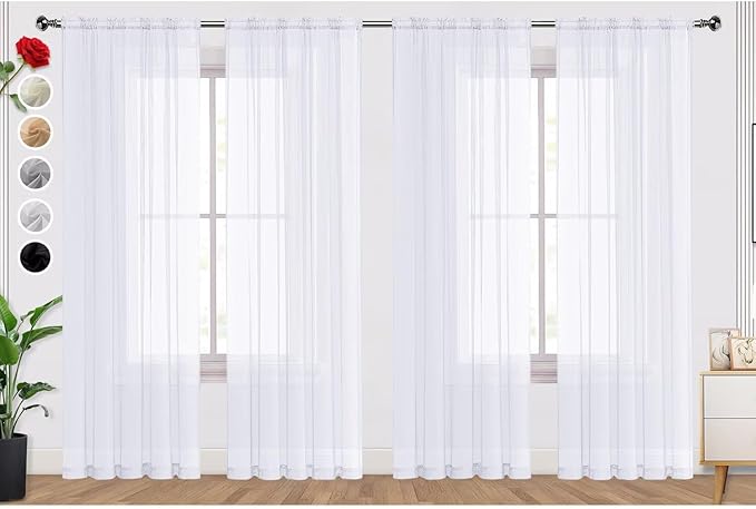 SpaceDresser Optical White Sheer Curtains 4 Panels Rod Pocket Semi-Sheer Curtain 45 Inches Long Light Filtering Voile Window Drapes for Bedroom Living Room Kitchen, Each 52W x 45L