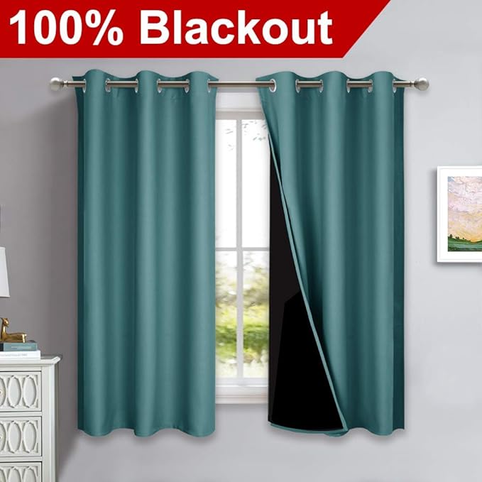 NICETOWN 100% Blackout Curtains 45 inches Long, Sea Teal, 1 Pair, 42 inches Width Each Panel, 2 Thick Layers Completely Blackout Window Treatment Thermal Insulated Lined Drapes for Small Window