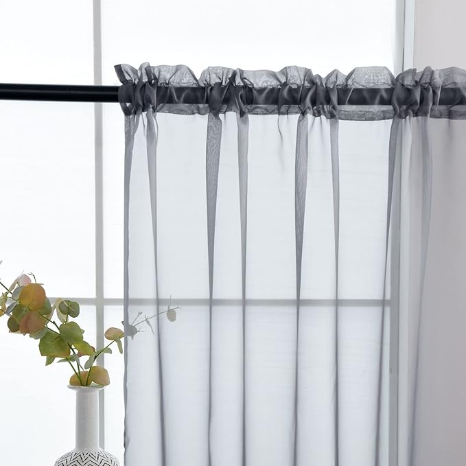 SpaceDresser Sheer Voile Window Treatment Rod Pocket Curtain Panels for Kitchen Bedroom Living Room Drapes Sunlight Filtering Privacy Semi Home Decor Assorted (Grey, 52 W x 128 L)