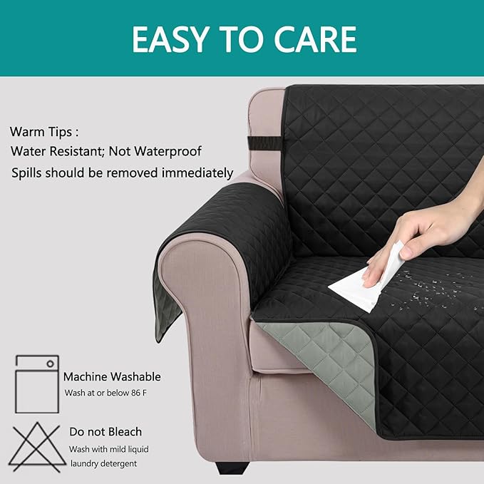 U-NICE HOME Recliner Chair Covers Reversible Quilted Water Repellent Pet Protectors with Elastic Straps (23''Recliner Small, Black/Grey)