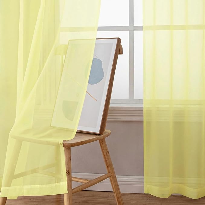 Chyhomenyc Sheer Curtains 63 Inch Length 2 Panels Set - Light Filtering Rod Pocket Window Curtain Treatment Drapes for Bedroom Living Room, 42Wx63L Inch, Light Yellow