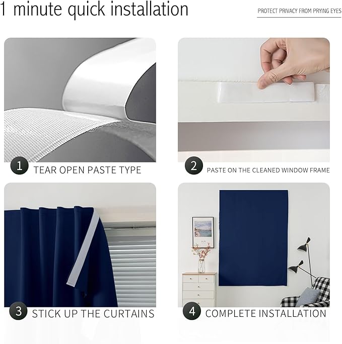 Self Adhesive Portable Blackout Curtains for Bedroom Easy to Install Window Thermal Lnsulated Kitchen Room Darkening Small Window Curtains, 35" W X 79" L, Navy Blue, 1 Panel