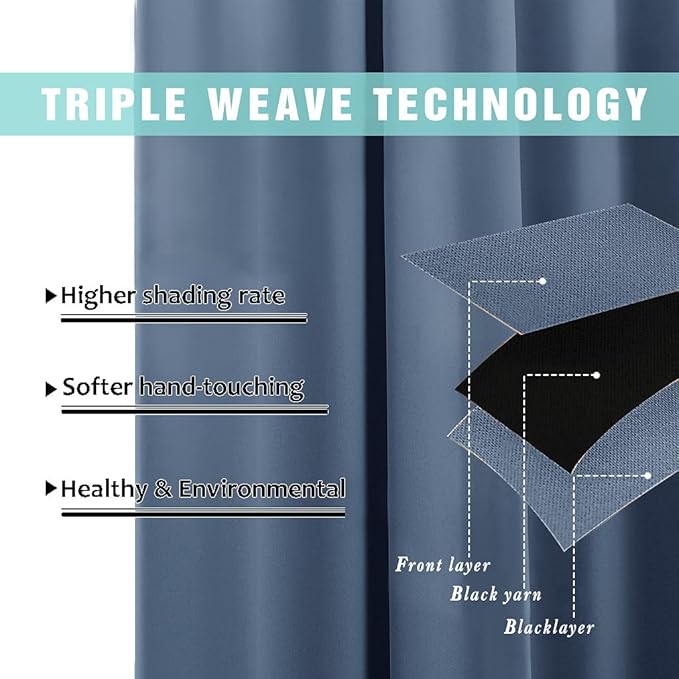NICETOWN Full Shading Curtains 90 inches Long 2 Panels Set for Windows, Super Heavy-Duty Black Lined Blackout Curtains for Bedroom, Privacy Assured Window Treatment (Stone Blue, 52 inches W)